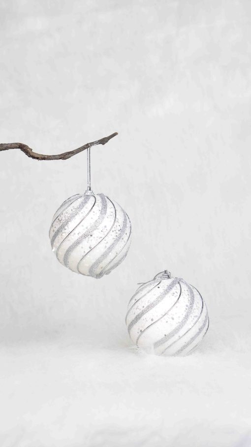 white glitter spiral baubles